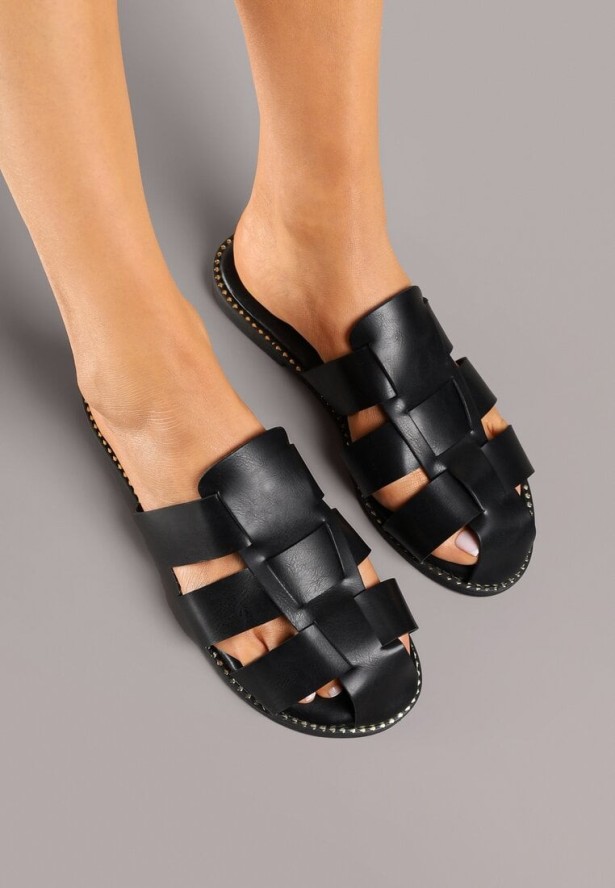 Czarne Klapki w Stylu Muli z Przeplataną Cholewką Zariette