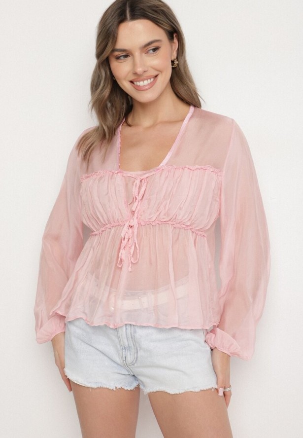 Różowa Transparentna Bluzka z Wiskozą i Wiązaniem Zarestra