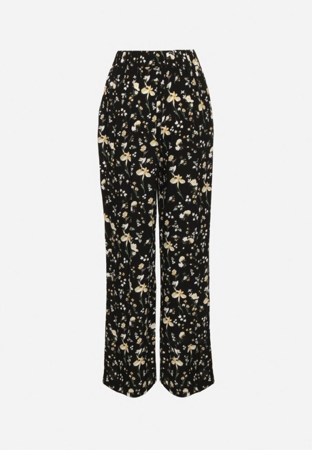 Czarne Spodnie z Wysokim Stanem w Kwiaty Borsedi