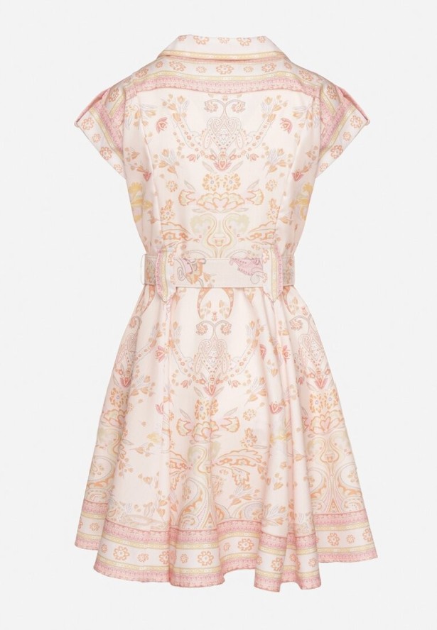 Różowa Wiskozowa Sukienka o Koszulowym Kroju z Paskiem z Klamrą Nitariela