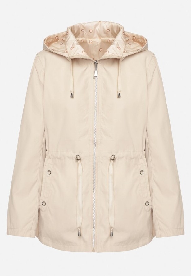 Jasnobeżowa Kurtka Parka Dwustronna ze Ściągaczem w Talii i Kapturem Tillisaya