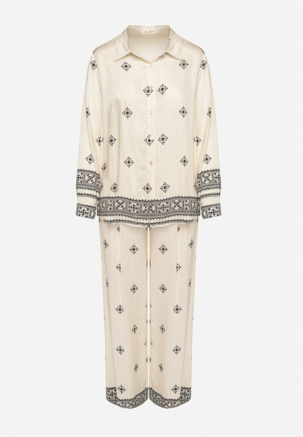 Beżowy Komplet z Wiskozą Spodnie o Szerokim Kroju i Koszula Tatorela