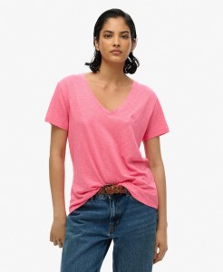 superdry Damski T‑shirt z dekoltem V Slub z haftem – Azalea Pink