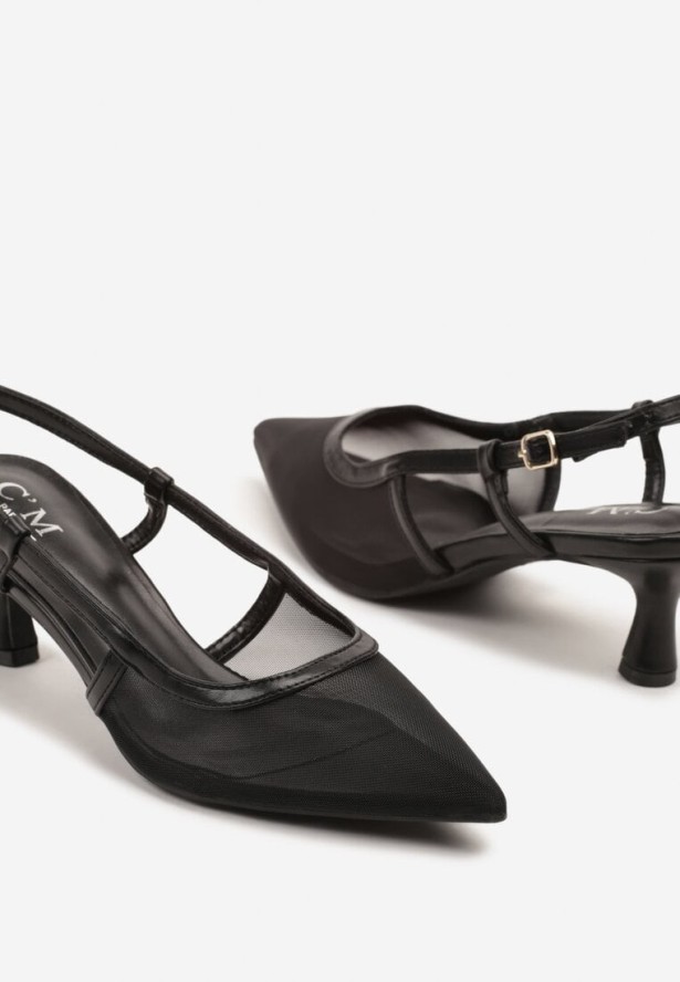 Czarne Sandały Slingback z Siateczki na Obcasie Typu Kaczuszka Tiltewia