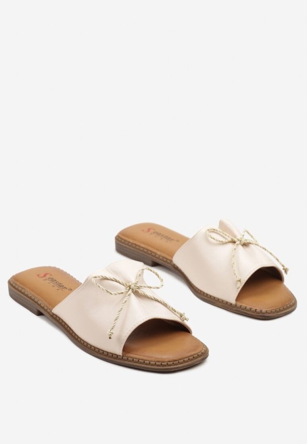 Beżowe Minimalistyczne Klapki z Ozdobną Kokardą Naniffia