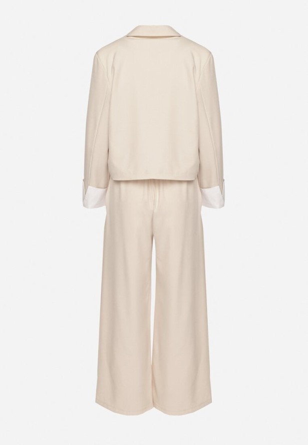 Beżowy Komplet Garniturowy Marynarka i Spodnie z Kontrastowymi Wstawkami Daviraya