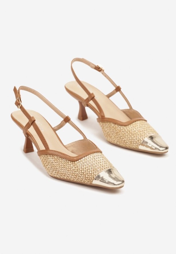 Brązowe Sandały na Kaczuszce Slingback z Plecionką i Metalicznym Noskiem Ldivaria