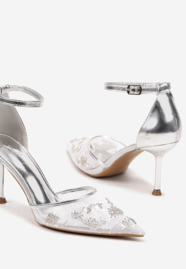 Srebrne Sandały z Transparentną Siateczką i Cekinami na Szpilce z Zapięciem wokół Kostki Olithwena