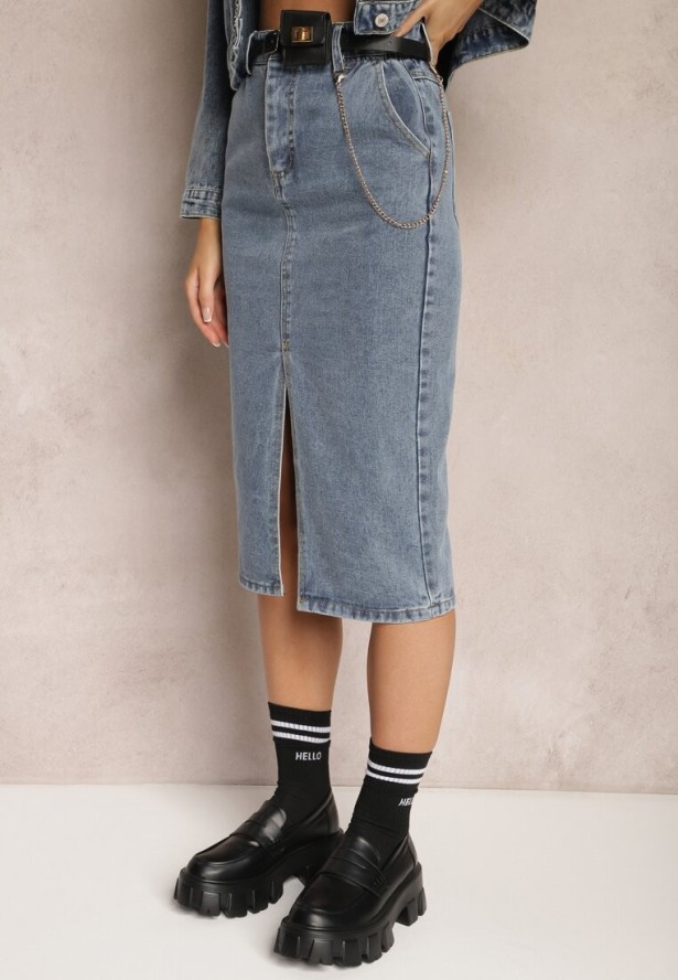 Niebieska Ołówkowa Spódnica Jeansowa z Rozcięciem i Paskiem z Saszetką Misitra