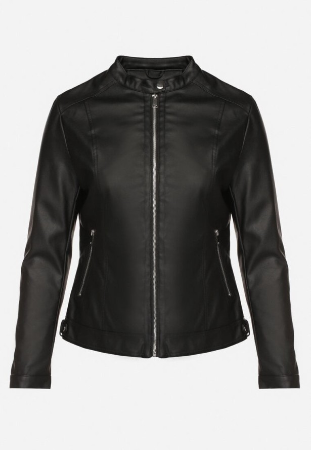 Czarna Kurtka Ramoneska Bez Kołnierzyka z Suwakami na Rękawach Rilinne