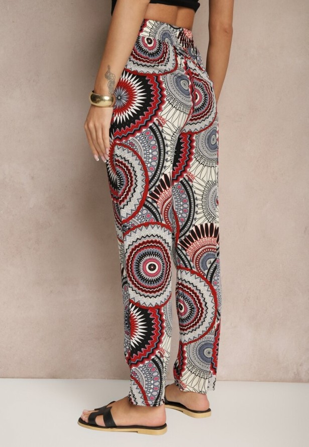 Czerwone Szerokie Spodnie z Bawełny High Waist w Abstrakcyjny Wzór Jorivaess