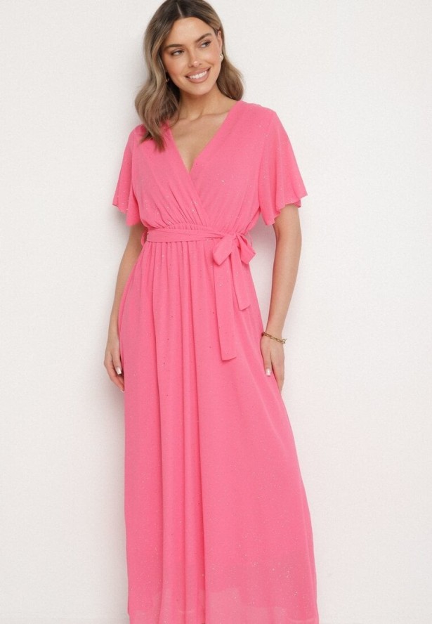 Fuksjowa Brokatowa Sukienka Koktajlowa Ozdobiona Paskiem Ziliane