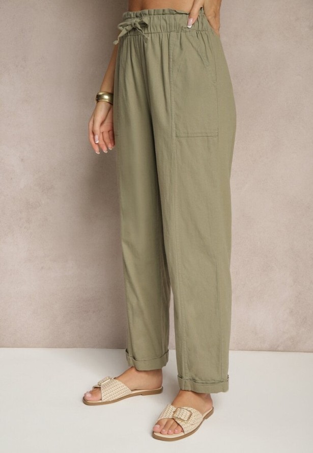 Ciemnozielone Spodnie z Bawełny High Waist z Wiązaniem Tyswia