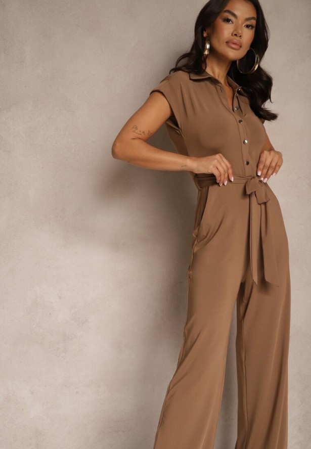 Brązowy Kombinezon z Wiskozą o Koszulowym Kroju z Wiązanym Paskiem Ninathra