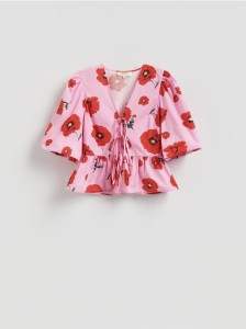 Wiązana bluzka w kwiaty - różowy
