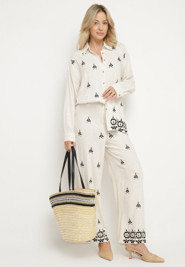 Biało-Czarna Koszula z Lnu i Wiskozy Ozdobiona Haftem w Stylu Etno Alarisa