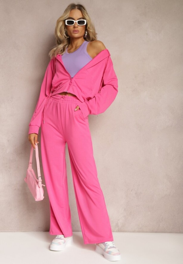 Fuksjowy Komplet Dresowy o Luźnym Kroju Bluza na Suwak z Kapturem i Spodnie Szerokie Ezorila