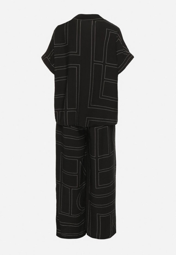 Czarny Komplet z Lnem i Wiskozą Koszula i Spodnie w Geometryczny Wzór Fevoline