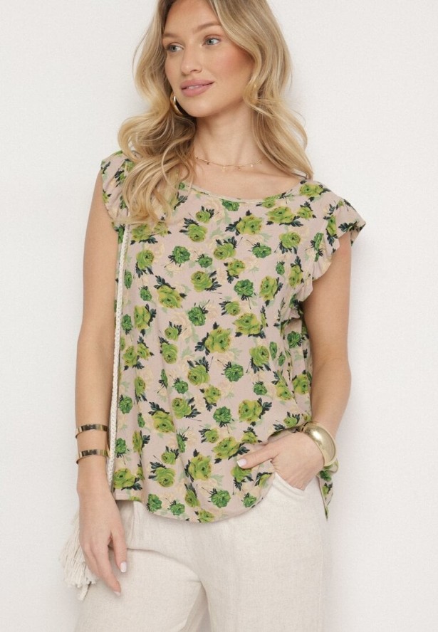 Zielono-Beżowa Bawełniana Bluzka w Kwiaty Naperia