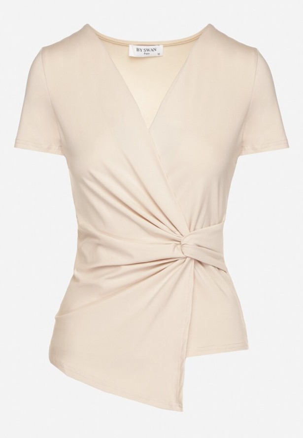Beżowa Bluzka z Kopertowym Dekoltem i Ozdobnym Węzłem Jazel