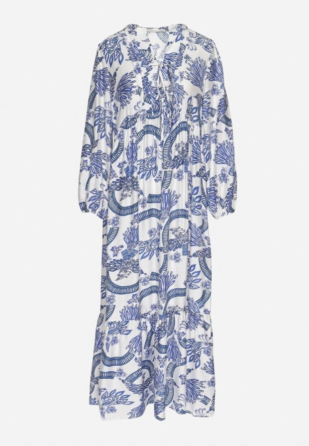 Niebieska Sukienka z Wiskozą o Rozkloszowanym Kroju z Wiązaniem w Roślinny Wzór Korivona