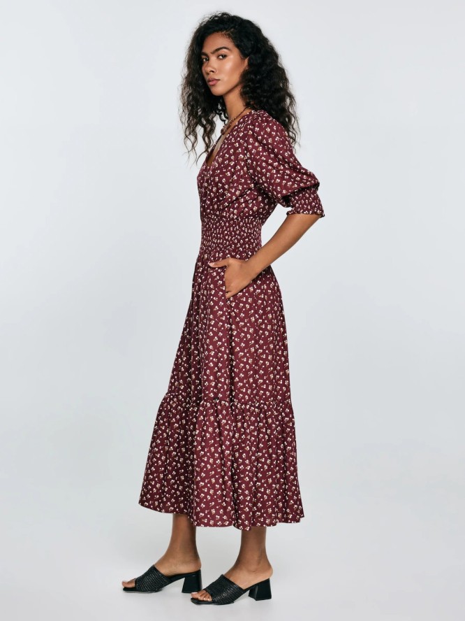 Sukienka damska midi z wiskozy z motywem kwiatowym bordowa Sheri 604