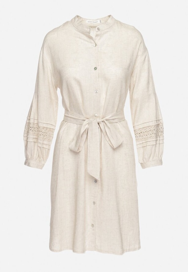 Beżowa Sukienka Koszulowa Zapinana na Guziki z Paskiem w Talii i Ozdobnym Rękawem Rigaudona