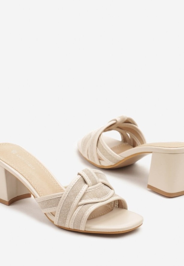 Beżowe Klapki na Obcasie z Geometryczną Cholewką Ellinea