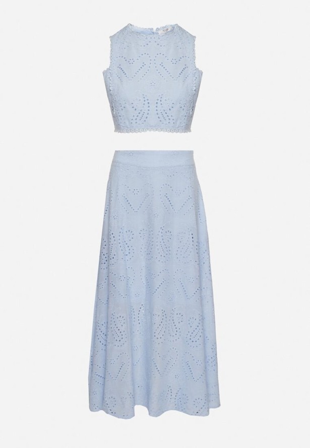 Niebieski Komplet z Ażurowej Tkaniny Zdobionej Haftem Top i Spódnica Saleria