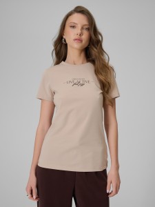 4F T-shirt slim z nadrukiem damski - beżowy XS