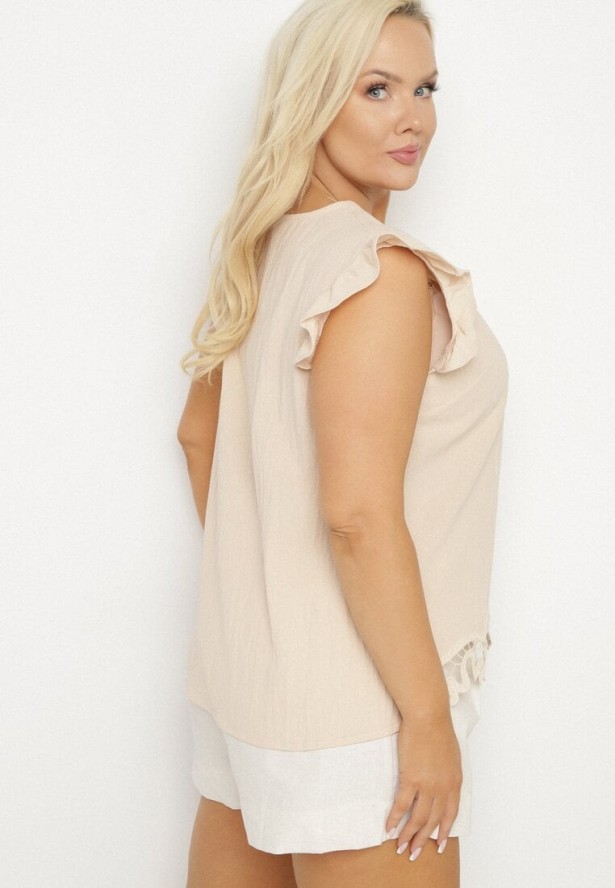 Beżowa Bluzka z Bawełny Ozdobiona Falbankami Wivienne