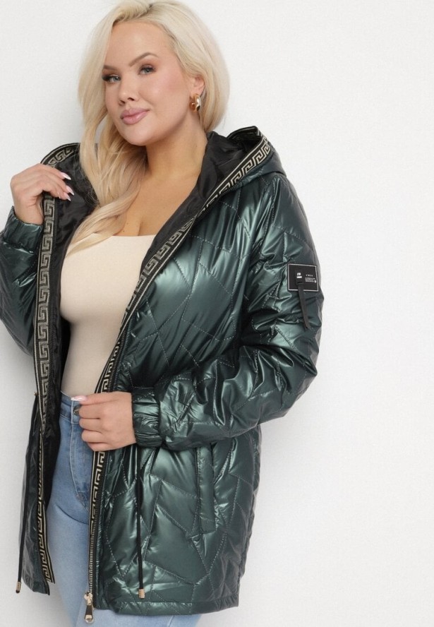 Ciemnozielona Kurtka Pikowana Parka z Nieodpinanym Kapturem Oferra