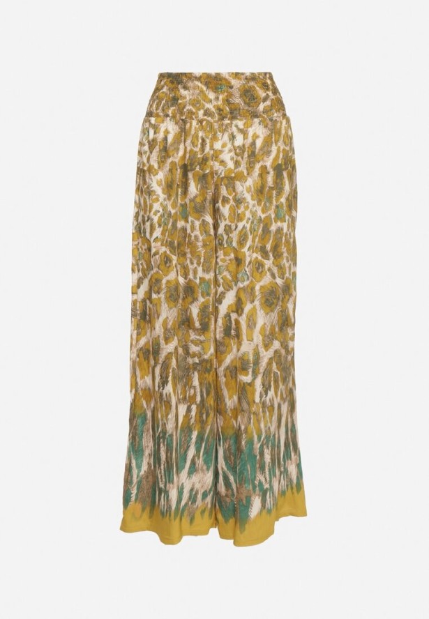 Beżowo-Żółte Wiskozowe Spodnie o Szerokim Kroju z Wysokim Stanem Ellivana