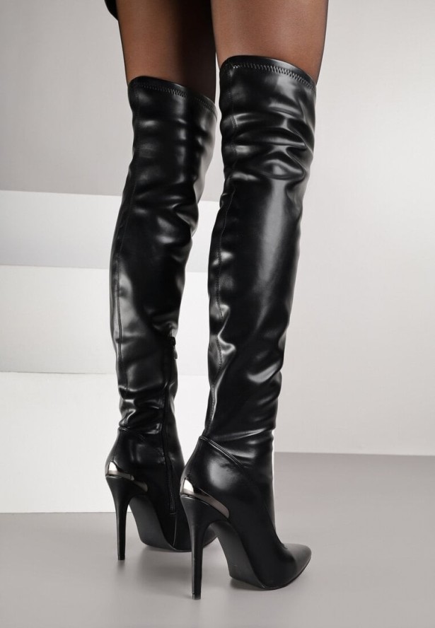 Czarne Kozaki Vices na Szpilce z Dopasowaną Cholewką za Kolano Tadvira