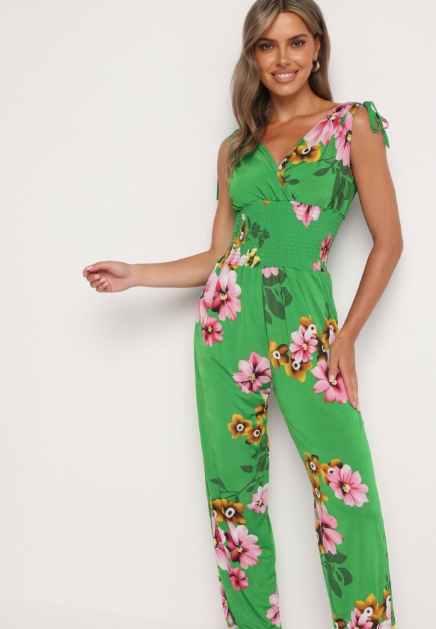 Zielony Kombinezon w Kwiaty z Trójkątnym Dekoltem i Troczkami na Ramionach Benan
