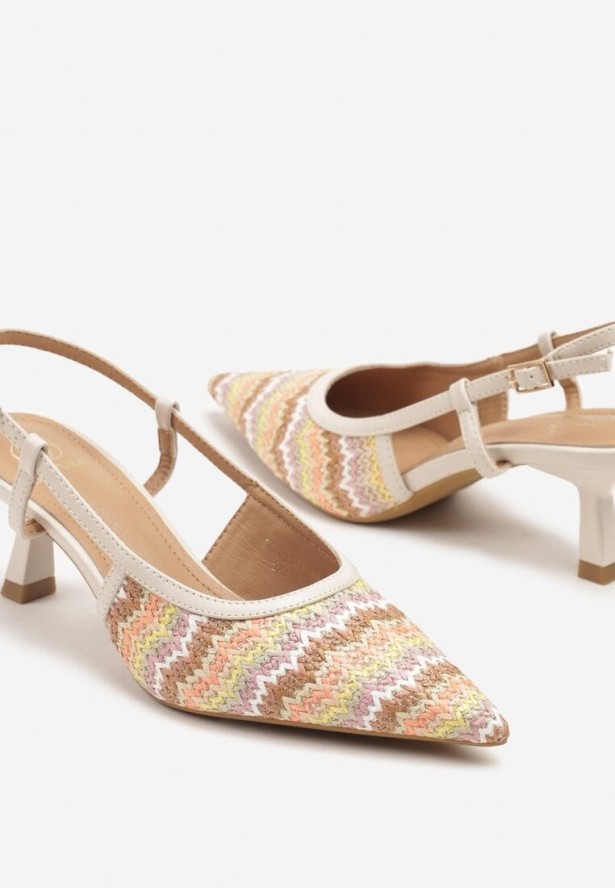 Beżowe Sandały na Obcasie z Plecionką w Geometryczny Wzór Gonivra