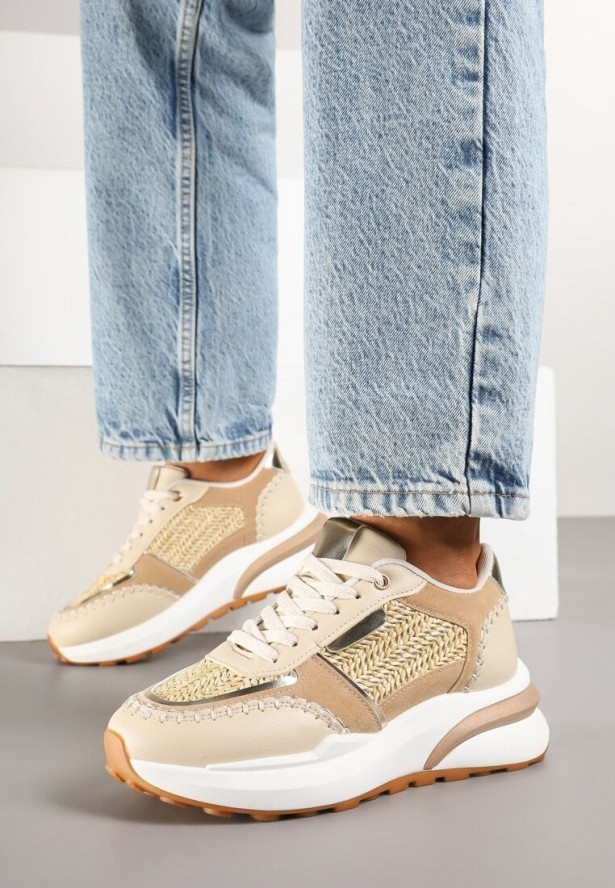 Ciemnobeżowe Sneakersy na Platformie ze Wstawkami z Plecionki Ninatia