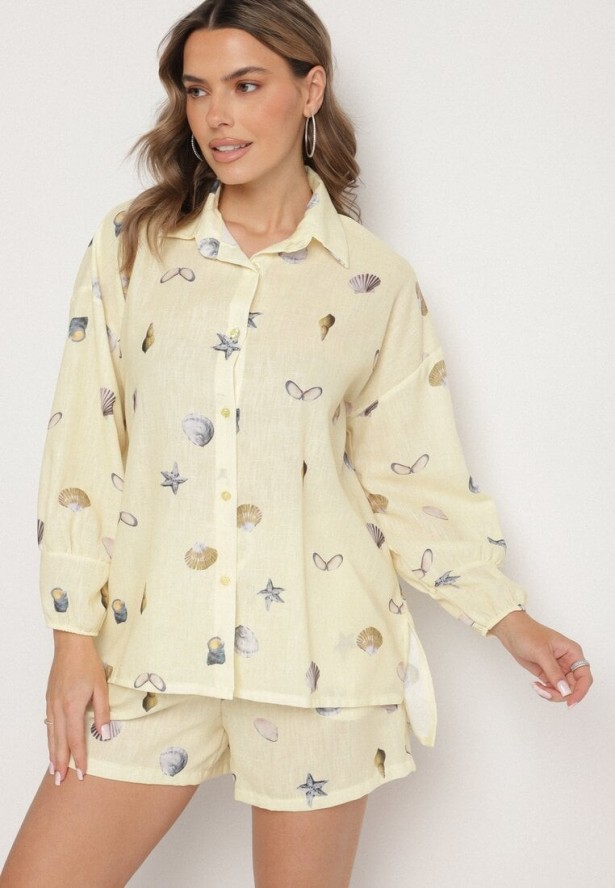 Żółty Komplet z Wiskozą Koszula i Szorty z Motywem Morskim Reivienne