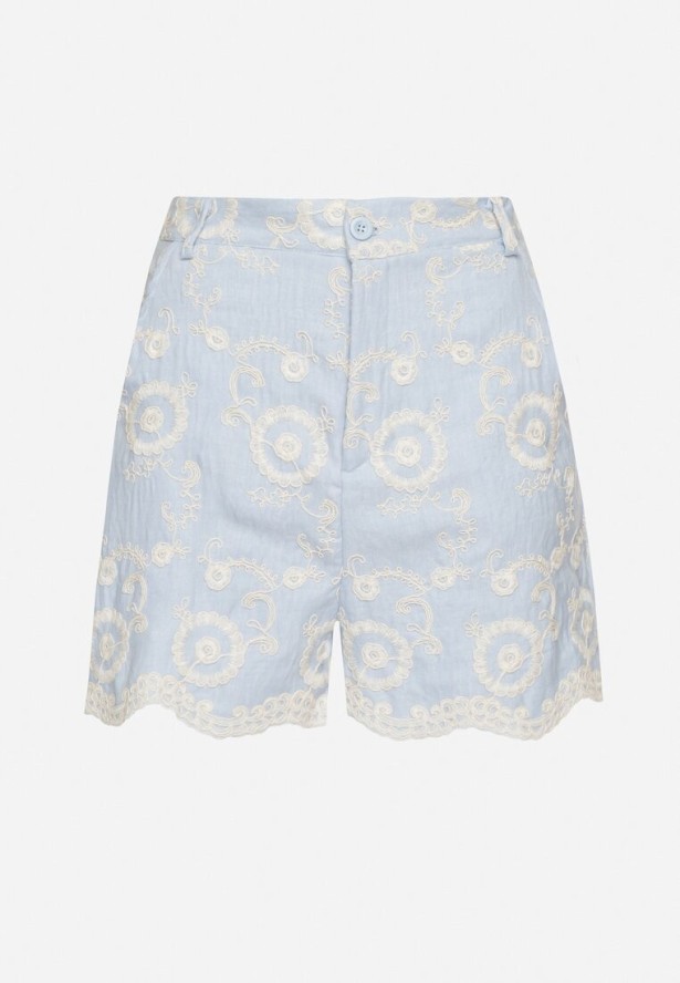 Jasnoniebieskie Bawełniane Szorty o Luźnym Kroju w Kwiatowy Haft Velriza