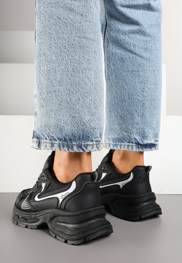 Czarne Sneakersy na Profilowanej Podeszwie z Siateczkowymi Wstawkami Parinella