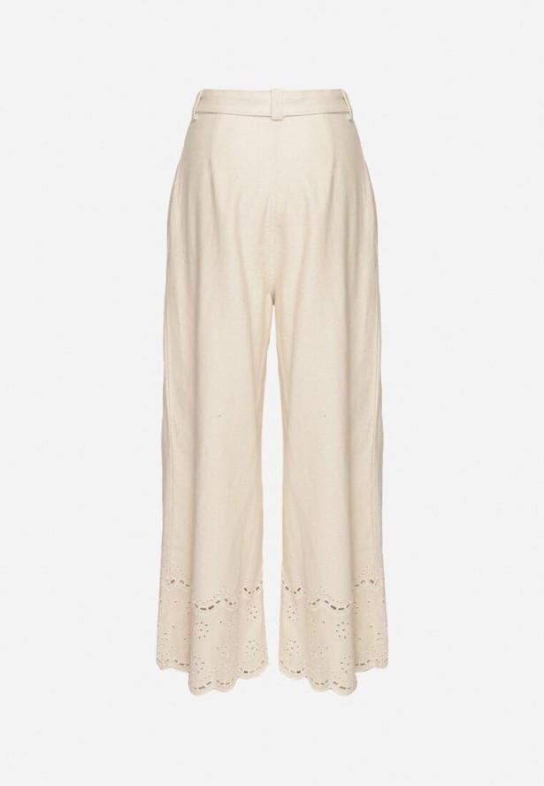 Beżowe Spodnie Szerokie z Bawełny Ozdobione Haftem z Paskiem Ulsemi