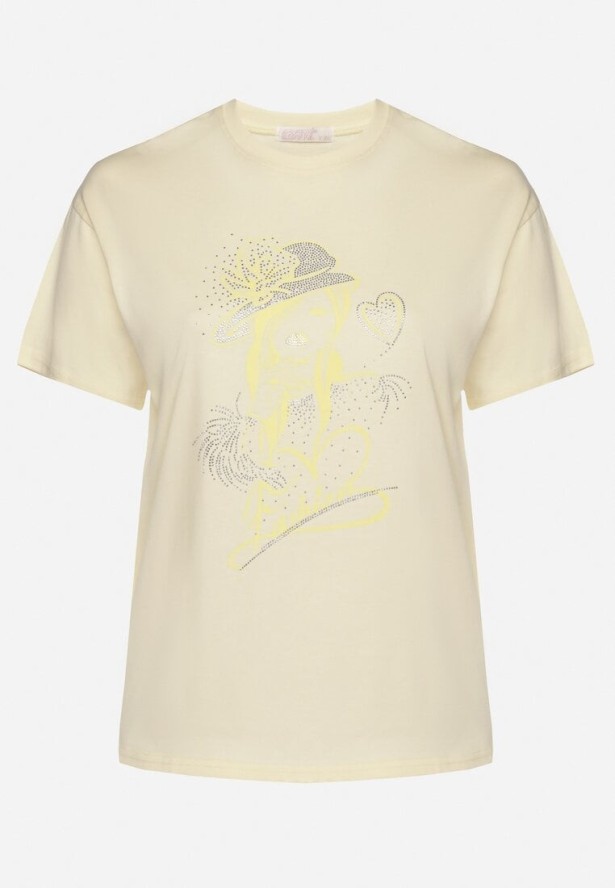 Jasnożółty T-shirt z Bawełny z Cyrkoniowym Nadrukiem Sovtebia