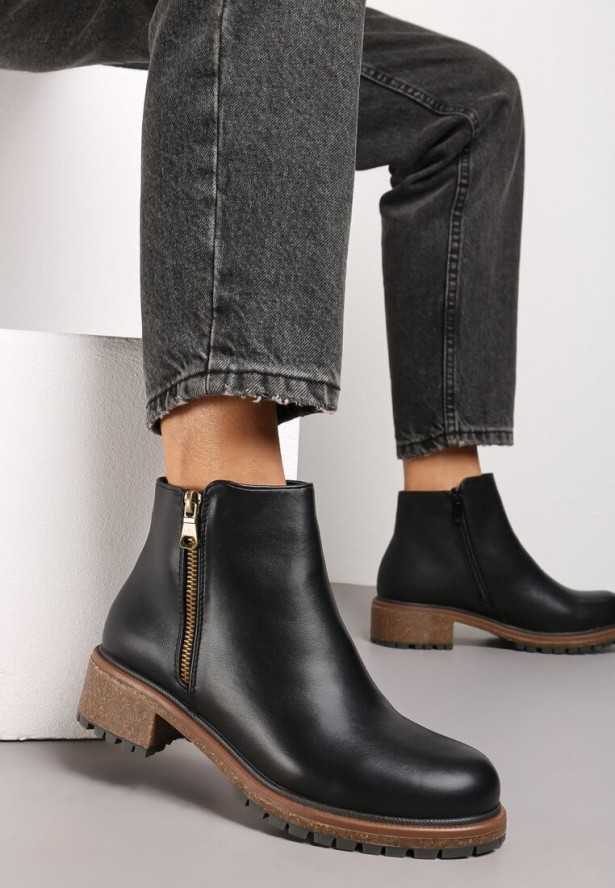 Czarne Botki za Kostkę z Ozdobnym Suwakiem Gevira