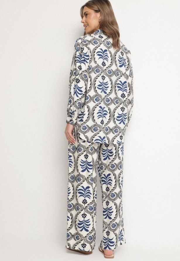Niebieski Komplet z Wiskozą Koszula i Spodnie z Gumką w Pasie z Roślinnym Motywem Diviren