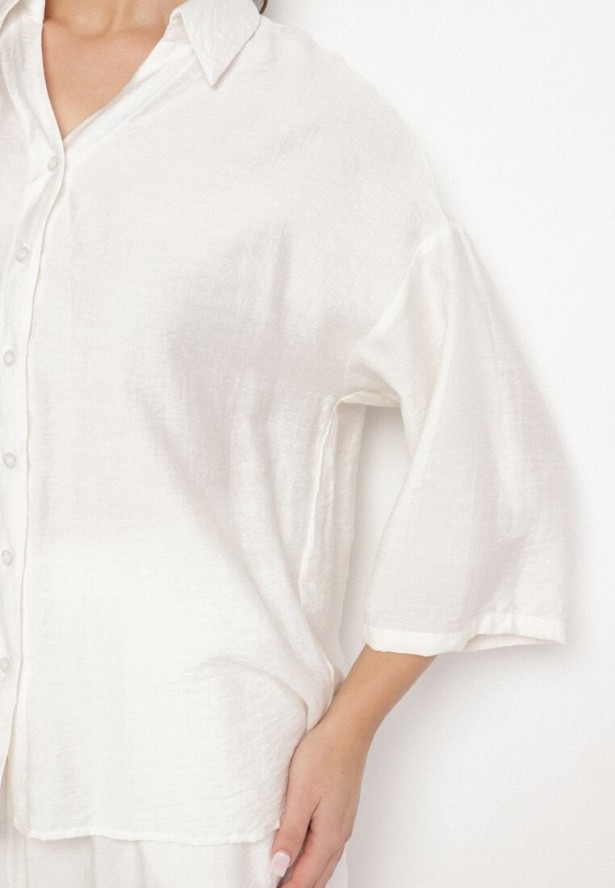 Biały Komplet z Wiskozy Koszula z Podpinanymi Rękawami i Szerokie Spodnie Dormoi