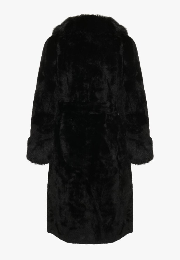 Czarny Futerkowy Płaszcz z Szerokim Kołnierzem i Mankietami z Wiązanym Paskiem Viaruna