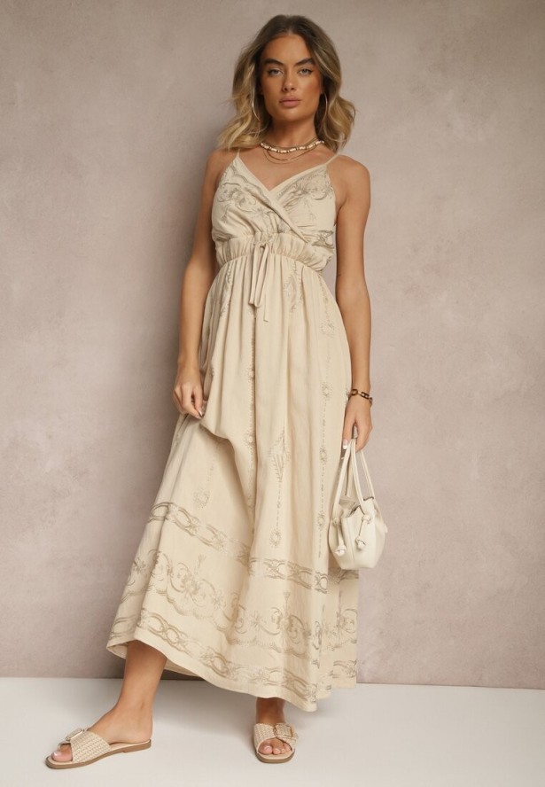 Beżowa Wiskozowa Sukienka o Rozkloszowanym Kroju na Ramiączkach z Haftem Uloranelia