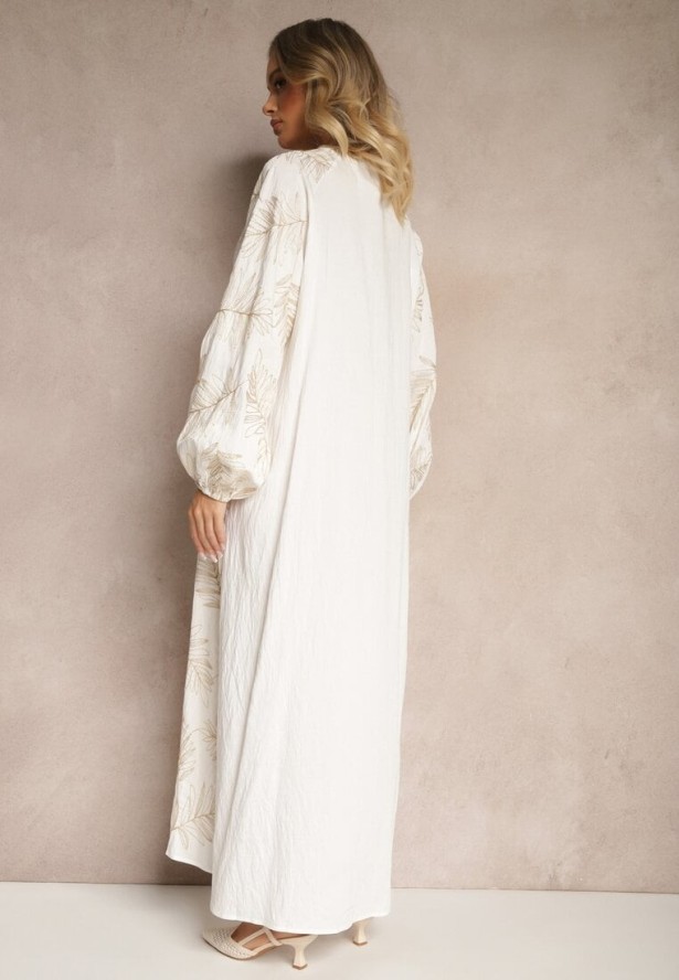 Biała Sukienka z Wiskozy Ozdobiona Haftami i Metaliczną Nicią Tervezia