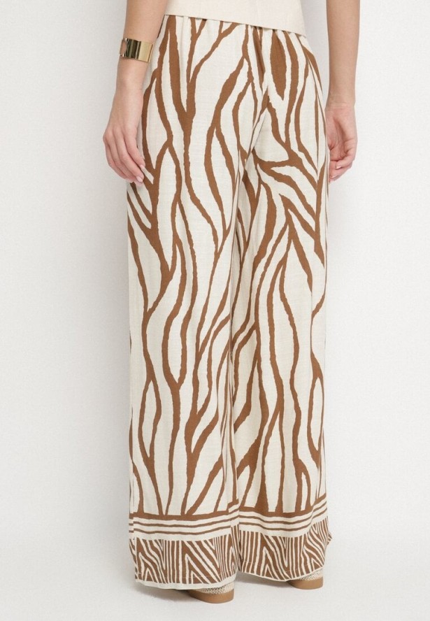 Brązowe Wiskozowe Spodnie z Lnem o Szerokim Kroju z Wysokim Stanem w Zebrę Fenelina