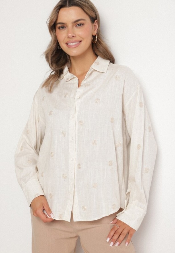 Beżowa Koszula z Wiskozą i Lnem Ozdobiona Haftem Lisarena